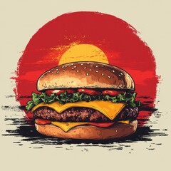 Delicious cheeseburger with fresh ingredients in front of a vibrant sunset backdrop