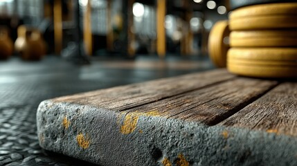 Weights and wooden platform in modern gym with blurred background showcasing fitness equipment and atmosphere of training session