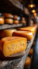 Variety of aged cheeses displayed in a rustic cheese shop surrounded by wooden shelves and warm lighting