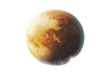 A rocky planet bathed in warm, golden-brown tones.
