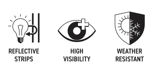 Safety Jacket icons - High Visibility, Weather Resistant, Reflective Strips. in monochrome style