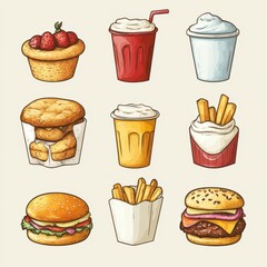 Delicious assortment of snacks and beverages arranged neatly on a light background showcasing favorite comfort foods