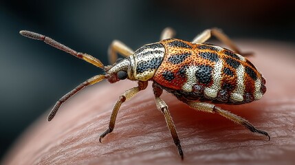 Close view of a colorful insect on human skin in natural light enhancing its intricate details and patterns