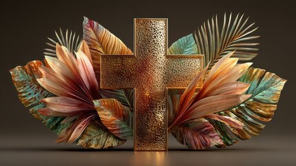 Elegant golden cross surrounded by vibrant tropical leaves and natural textures in a peaceful setting