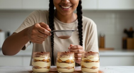 Woman preparing delicious tiramisu desserts in glass jars for a sweet treat