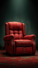 Red recliner chair with number 13 in a dimly lit room highlighting worn textures and dramatic shadows