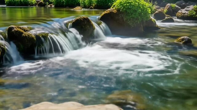 Serene Waterfall in Lush Green Nature: Relaxing River Flow