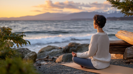 Sunrise Meditation on Rocky Beach with Reflective Clouds