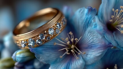 Beautiful gold ring with blue gemstones displayed on delicate blue flowers in a delicate natural setting