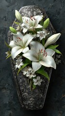 Elegant funeral arrangement featuring white lilies and delicate blooms on a silver coffin