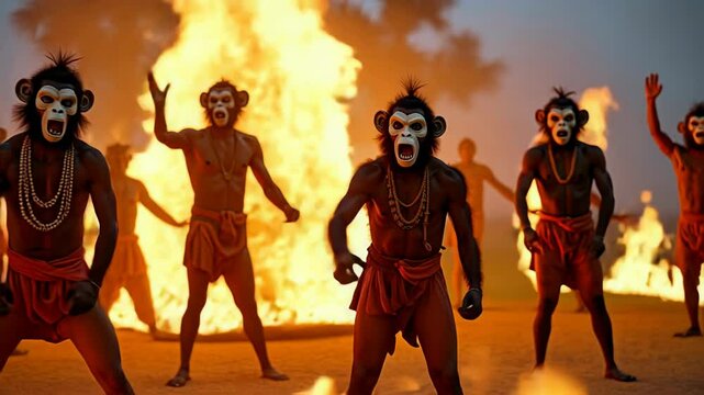 Balinese Monkey Ritual performed under fire at sacred site with vibrant masks and captivating choreography