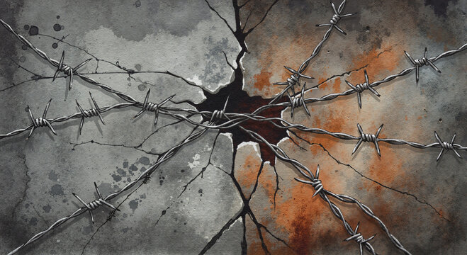Abstract broken wall with barbed wire elements, watercolor illustration in gray and rust tones, expressive brushwork and emotional atmosphere