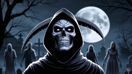 The angel of death on the night of the resurrection of the soul on a full moon celebrating Halloween in the middle of a cemetery. Generative AI Illustration