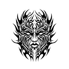 Fototapeta premium Face with intertwined floral elements, bold tribal design featuring intricate sharp flowing black lines and interconnected patterns on white background, symbolic and artistic concept