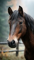 Horse with flowing mane stands quietly in a peaceful autumn landscape surrounded by trees