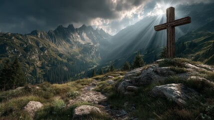 Cross rises majestically in mountain landscape under dramatic sky with piercing sunlight