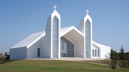 Beautiful Italian Catholic Church Exterior with Twin Bell Towers and Elegant Architectural Design