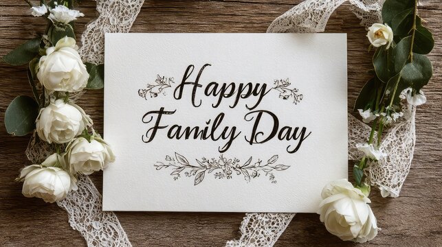 Elegant happy family day card with white roses and lace