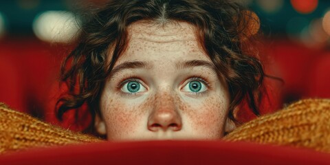 Young person with freckles watching attentively from a cozy seat in a theater during a captivating film screening at night