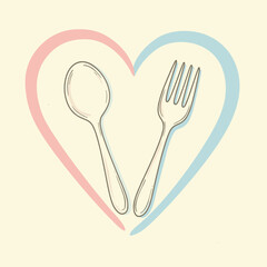 Hand-drawn heart with spoon and fork inside, soft lines and pastel colors, textured flat vector illustration, warm and friendly food them