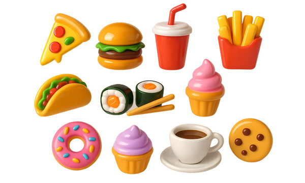 3D glossy colorful food icons set – pizza, burger, soda, fries, taco, sushi, ice cream, donut, cupcake, coffee, cookie – transparent PNG with soft reflections