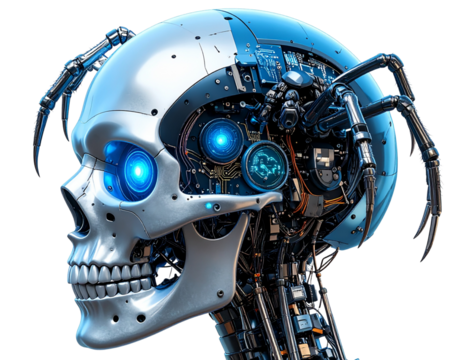 A - Cyberpunk Skull with Mechanical Spider Perched on Top, Side View, Isolated on Transparent Background”