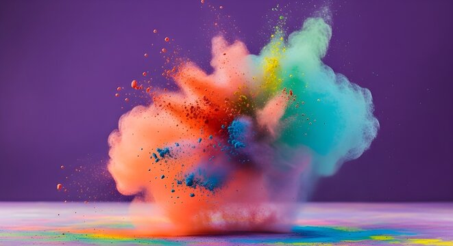 Colorful dust powder explosion black background with copy space. Dynamic blast eruption, vibrant effect, party, celebration, festival, color run element