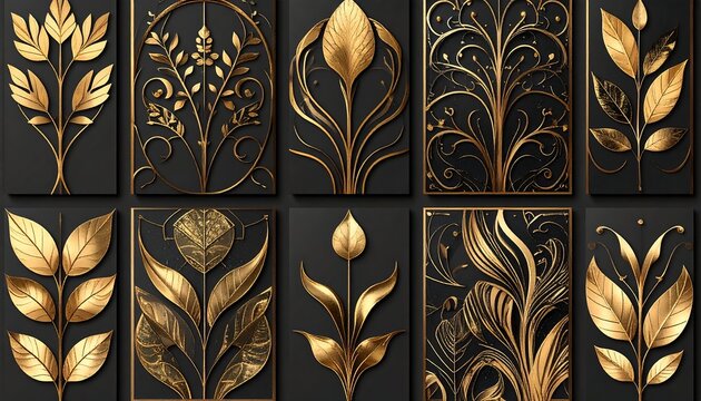 Gold leaf floral patterns on dark panels