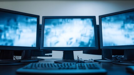 Naklejka premium Multiple computer monitors displaying blurry images.