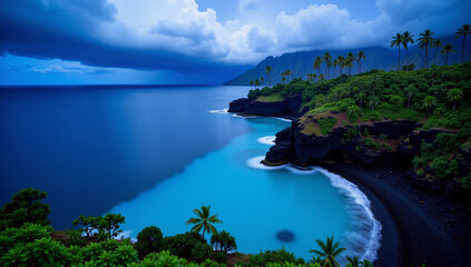Serene Tropical Cove: Black Sand Beach, Azure Waters, Palm Trees - Ideal for travel, tourism, and nature documentaries
