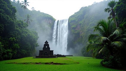 Serene Waterfall Landscape: Ancient Temple, Lush Jungle, Tranquil Paradise - Ideal for travel, nature, and spirituality designs