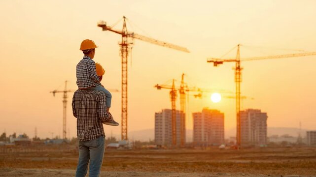 Father and son wearing helmets watching construction site with cranes and buildings at sunset in background