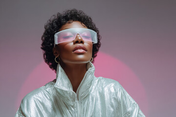 Fashion model wearing futuristic glasses and silver jacket posing with pink light