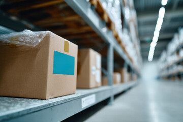 Cardboard box sitting on metal shelf in warehouse
