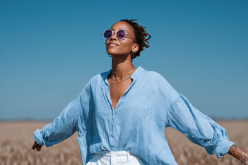 Young stylish woman enjoying warm summer day in wheat field