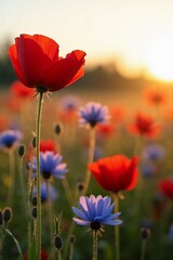 Rote Mohnblume und blaue Kornblumen bei Sonnenaufgang im goldenen Morgenlicht