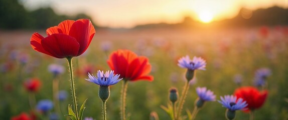 Blühende Mohnblumen und Kornblumen leuchten im goldenen Licht eines warmen Sommermorgens