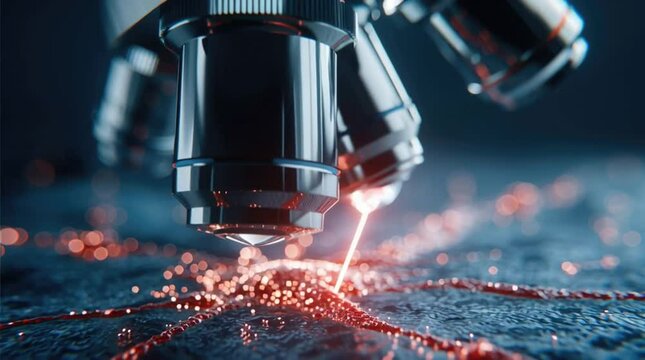 Microscopic view of laser beam on red cellular structure