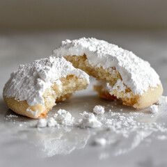 Two halves of a sugared cookie, broken apart, dusted with powdered sugar