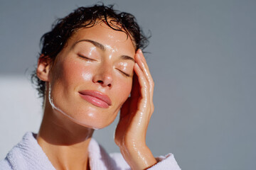 Woman applying moisturizer enjoying skincare routine for glowing skin