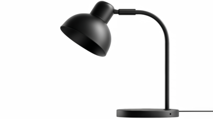 Sleek matte black desk lamp sits against a solid black background, illustrating minimalist design and modern home office lighting.