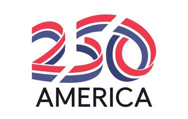 America 250 Anniversary Logo Design. Modern logo design celebrating America's 250th anniversary, featuring bold red, white, and blue ribbon-style numbers and clean typography.