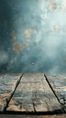 Rustic Wood Table Against a Textured Blue Wall Backdrop