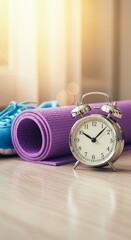 Morning fitness routine concept with yoga mat and alarm clock for motivational design