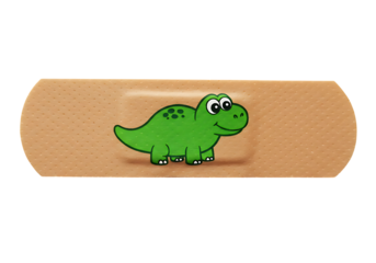Cartoon green dinosaur illustration on a bandage, designed for kids, bringing comfort with a smile and cheerful dinosaur.