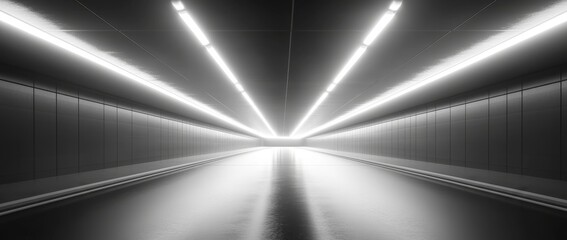 Mysterious underground tunnel illuminated by bright lights in a minimalist setting during late evening hours