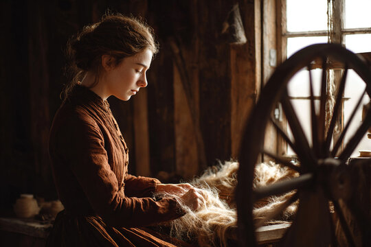 Historic interior scene of woman spinning natural wool into thread using old wooden spinning wheel, soft window light highlights textures