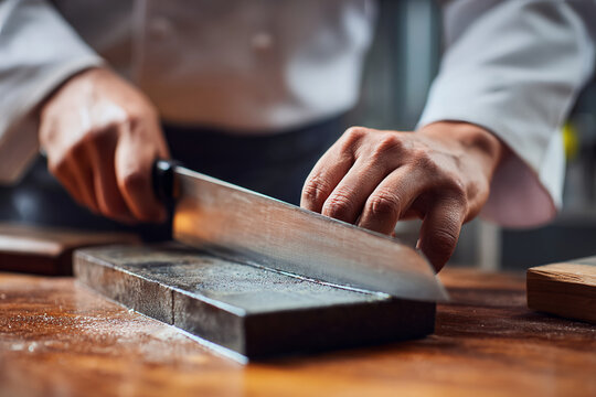 Top-angle view of man’s hands sharpening chef knife on soaked whetstone, kitchen setting with wood and stainless steel textures