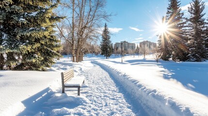 A snowy park path with a bench, surrounded by evergreen and leafless trees, under a bright sun with clear blue skies and city buildings in the background.