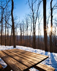 A wooden picnic table in a snowy forest with leafless trees and the sun shining through branches on a clear winter day.